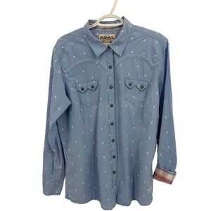 Ariat REAL Western Shirt Womens XXL Blue Dobby Dot Snap Front Long Sleeve Cotton